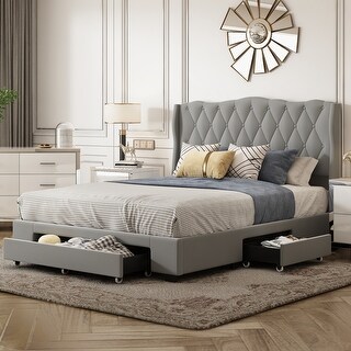 Gray Queen Size Velvet Fabric Upholstered Platform Bed with3 Drawers ...
