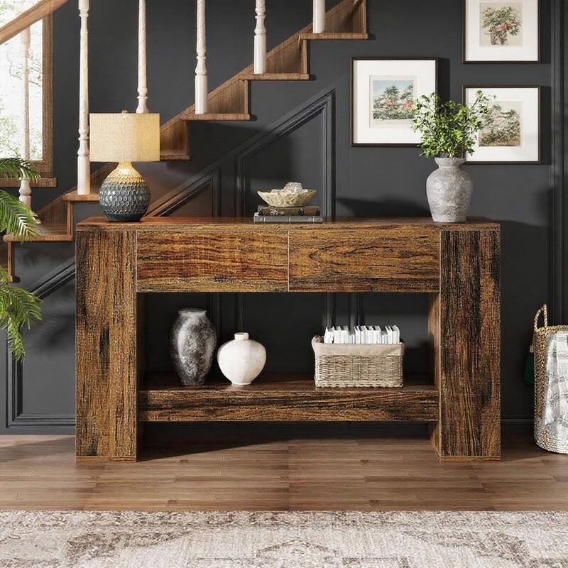 Brown MDF Console Table with Hexahedron Legs and Thick Waterproof Top - 55.12” L x 11.81” W x 33.27” H