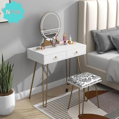 Makeup Vanity Desk with LED Mirror, 2 Drawers, Gold Legs & Padded Stool