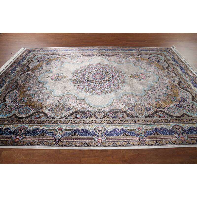 Victorian Style Qum Turkish Area Rug Beige Machine Made Carpet - 7'8" x 11'1"