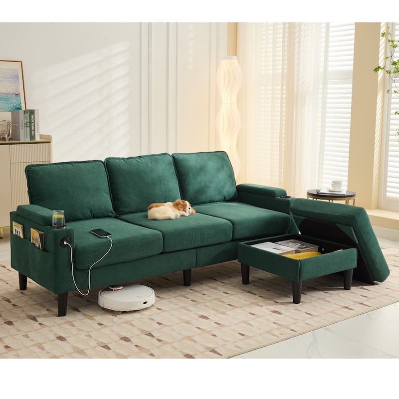 L-Shaped Fabric Sectional Sofa with Storage Ottoman and USB Port
