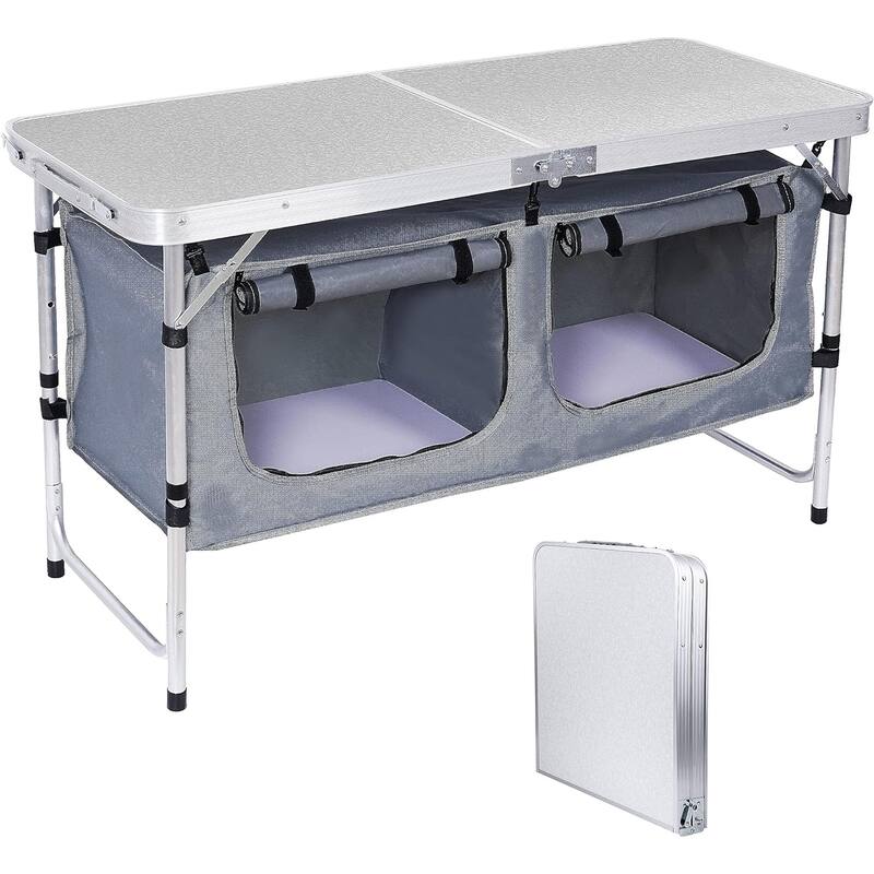 Folding Camping Table with Storage,Portable,Adjustable,Lightweight for Indoor and Outdoor Picnic, Beach, Hiking, Travel - White&Silver