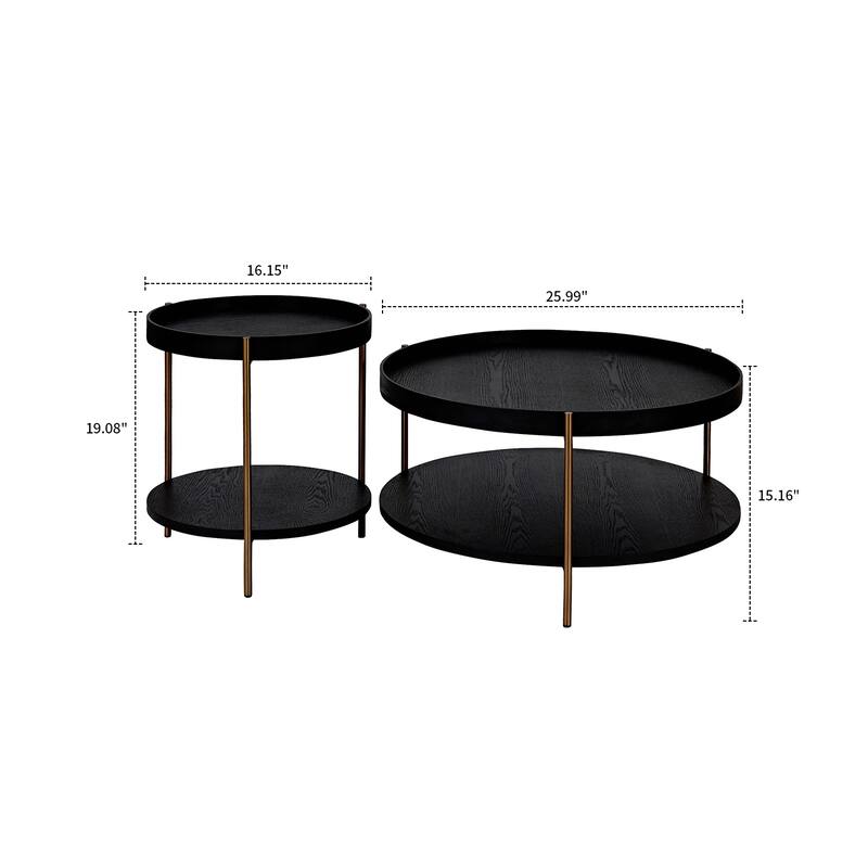 Classic Vintage 2 Piece Wooden Coffee Table Set with Metal Legs
