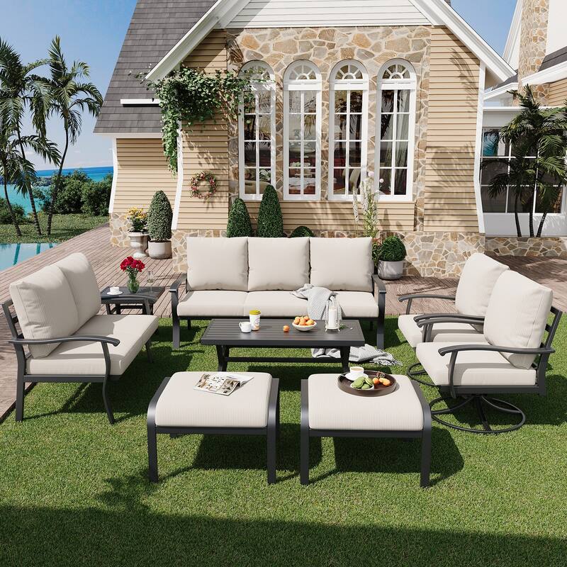 EROMMY Patio Set: 360° Swivel Rockers, Sofa, Ottomans & Table – Outdoor Conversation Set for Poolside, Garden & Deck - 8 PCS - Sofa & Swivel Rocking Chair - Beige