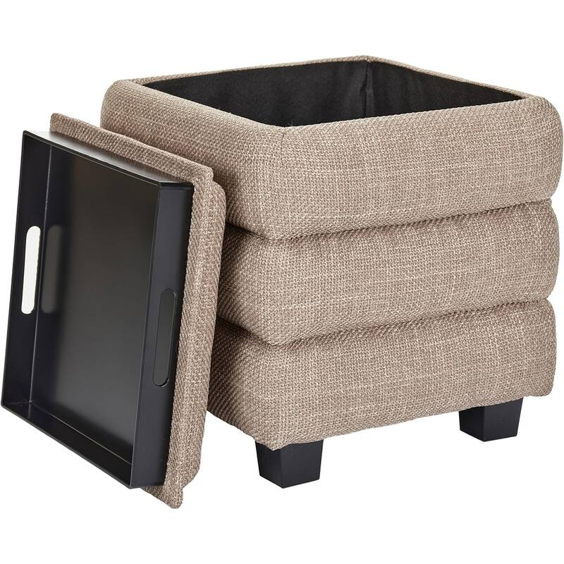 Modern Cube Ottoman with Tray Top and Hidden Storage Linen Seat
