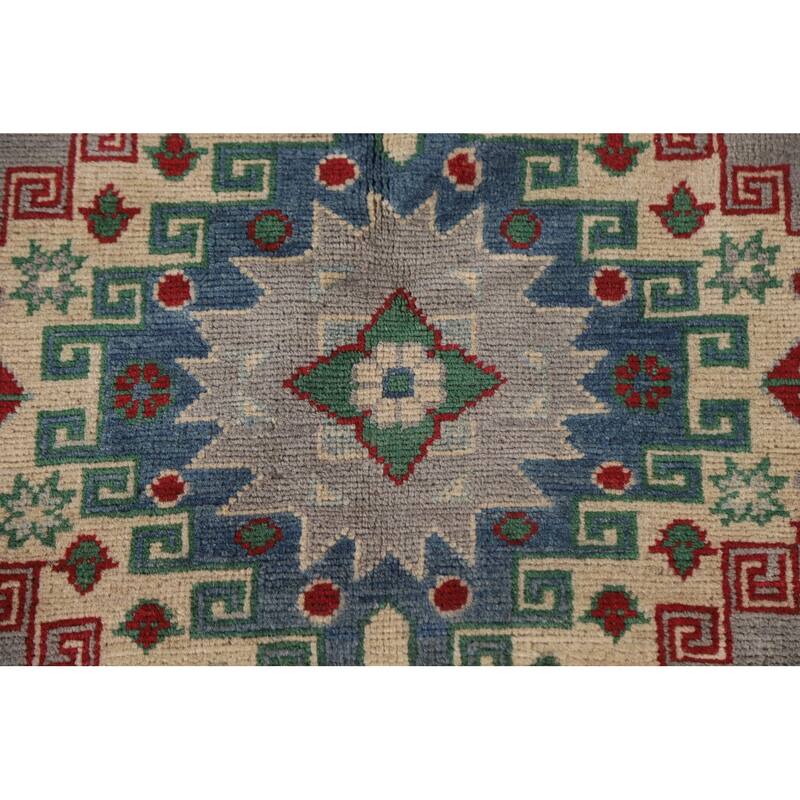 Gray Geometric Kazak Oriental Area Rug Hand-Knotted Wool Carpet - 6'10"x 9'11"
