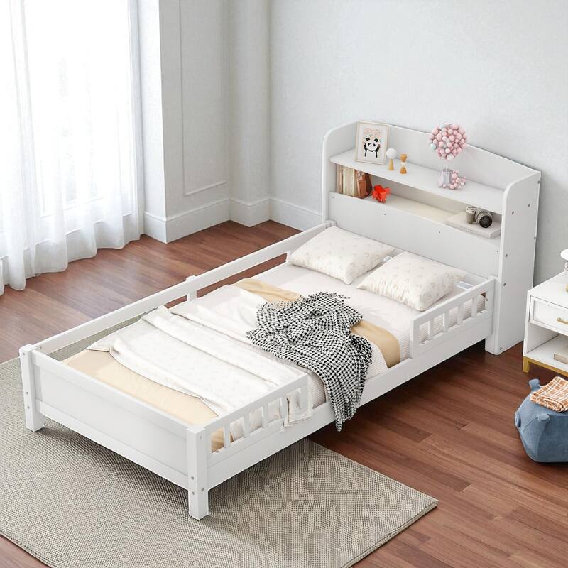 Twin/Full Size Wood Platform Bed with LED Light, Storage Headboard and Guardrail, No Box Spring Needed - White - Twin