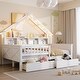 preview thumbnail 1 of 26, Wood House Platform Beds with LED, Storage Shelves, Drawers and Guardrail, Full Size Bed Frame w/Slats Support for Kids White