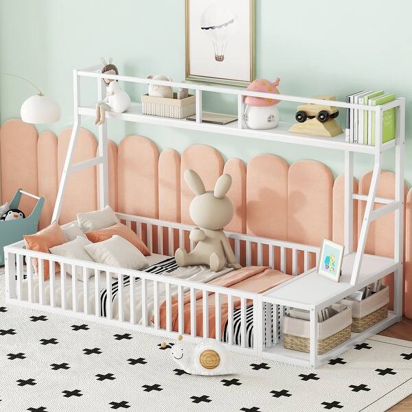 slide 2 of 13, Stylish Twin Floor Bed with Safety Fence, Desk and Storage for Kids White