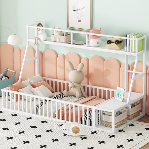 slide 2 of 18, Twin Size Floor Bed Frame with Safety Fence,Metal Floor Bed with Desk and Storage Shelves,Playhouse for Kids Off white