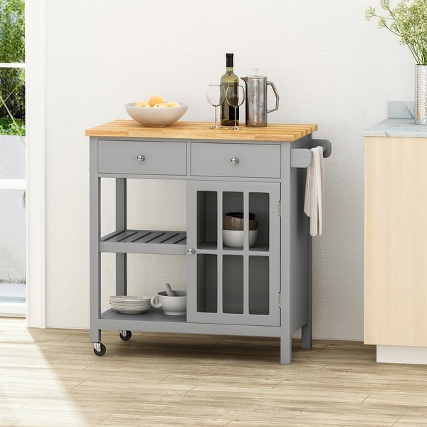 Wooden Serving Trolley with Glass Top HxWxD: 62 x 66 x 38 cm Natural 2 Tiers Relaxdays Kitchen Cart with Wheels