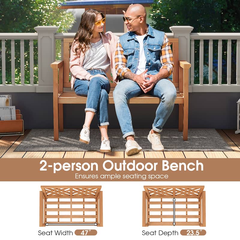2-Person Patio Bench in Natural Teak Wood Outdoor Garden Seating with Backrest and Arm Support - 52” L x 27.5” W x 33” H