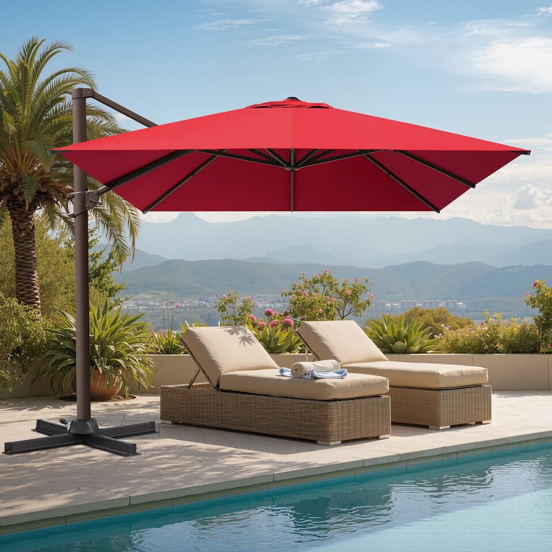 10 x 13 FT Luxury Outdoor Shade Canopy Patio Cantilever Offset Umbrella Aluminum with 360-degree Rotation - Red