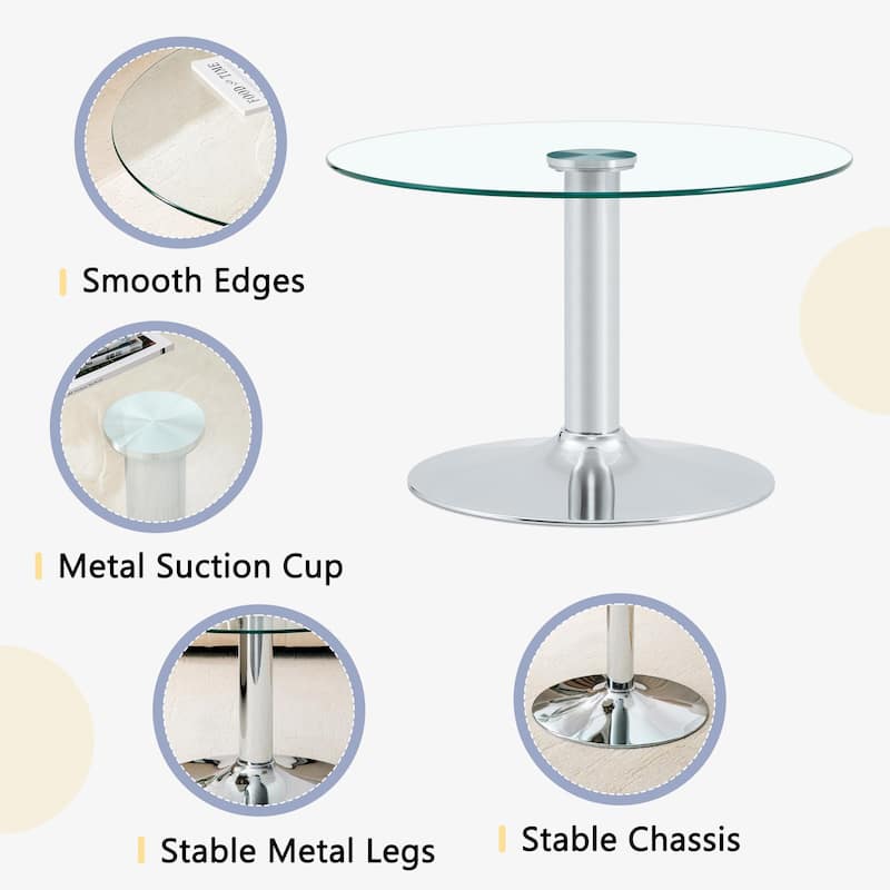Roomfitters 27.5-Inch Round Tempered Glass Coffee Table, Metal Base, Circular Center Table, Modern Minimalist
