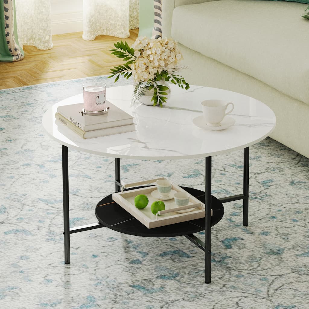 2 Tiers Heavy Duty Sintered Stone Round Coffee Table - W 32" x D 19"