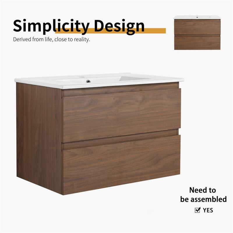 30" Wall-Mounted Bathroom Vanity w/Ceramic Sink,2-Soft Close Drawers