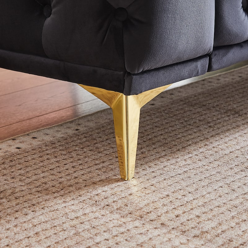 Tufted Design Straight Row Couch Velvet Chesterfield Deep Seat Sofa, Upholstered Couch with Solid Wood Frame and Gold Metal Legs