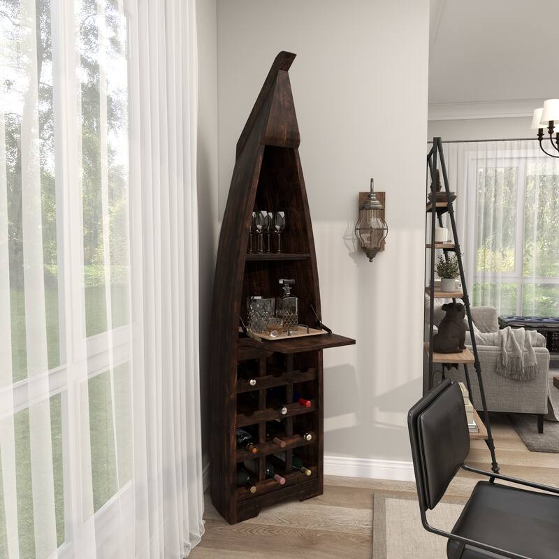 Brown Wood 12 Bottle and 2 Shelf Boat Standing Wine Rack with Foldable Tray