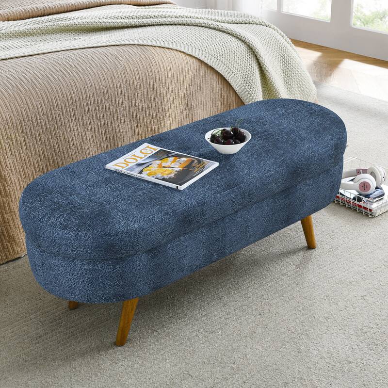 Oval Storage Ottoman Bench, Decorative End of Bed Bench 43.5 Inches Upholstered Storage Ottoman with Solid Wood Legs