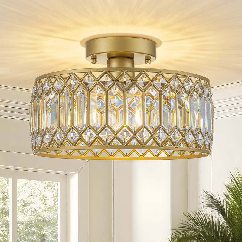 Starsky Luxury Crystal Drum Dimmable Semi Flush Mount Light - 11.4" - Gold