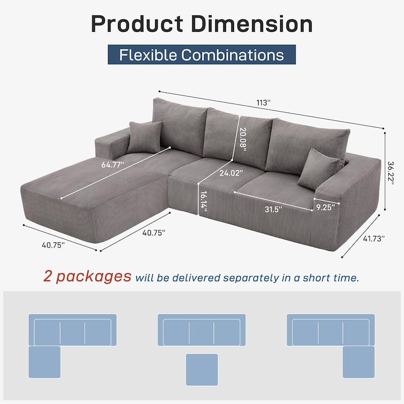 U-Shaped Modular Cloud Couch Sofa with Chaise, No Assembly, Luxury Corduroy Fabric, Full Foam Construction