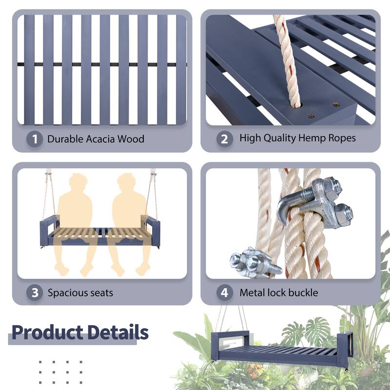 Twin Size Porch Swing Bed Seating Group, Patio Acacia Wood Swing Frame with Hemp Ropes for Garden, Backyard