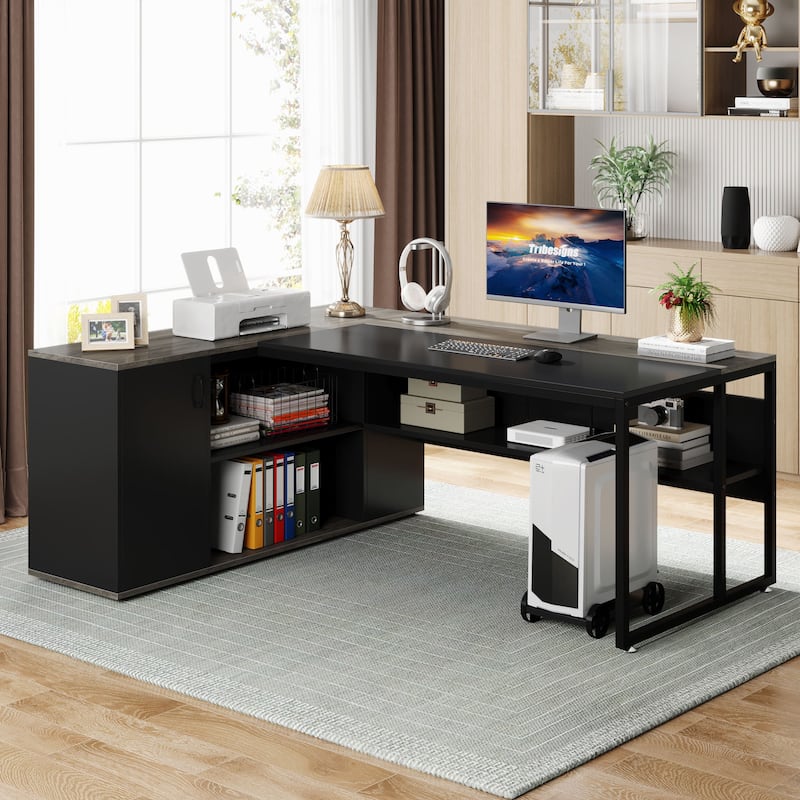 71 inch L Shaped Executive Desk with Cabinet, Corner Computer Desk (Rustic Brown)