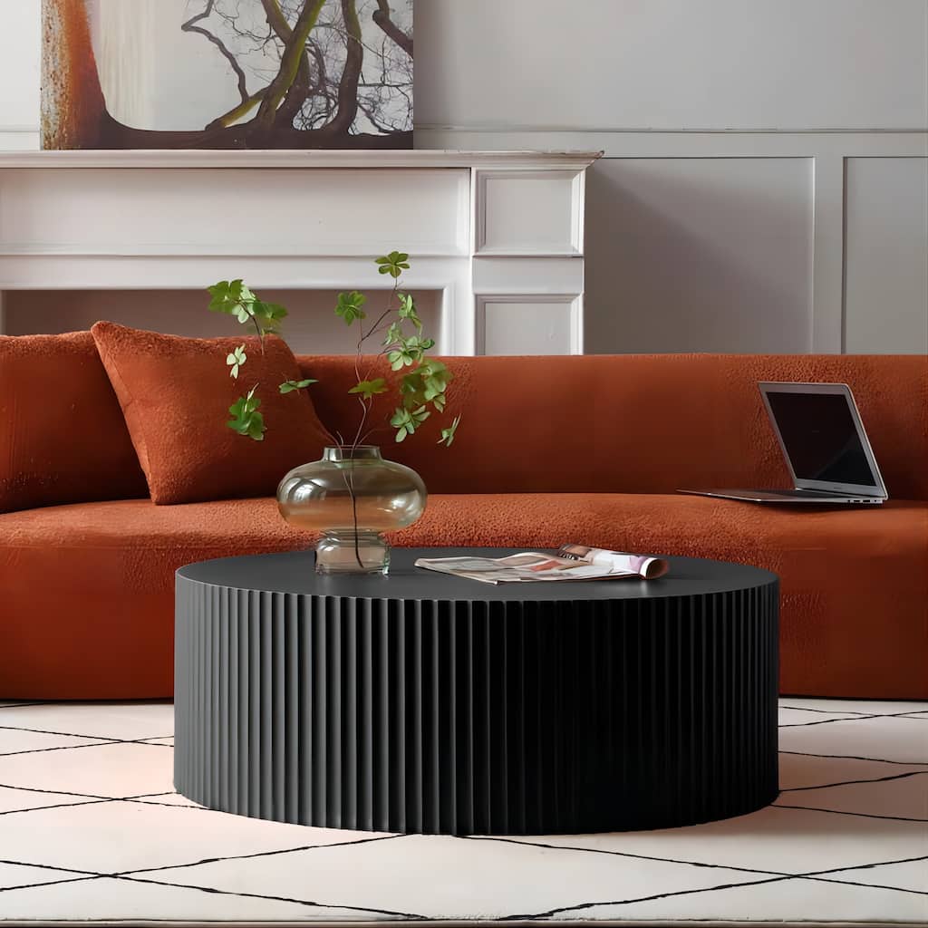 Large Contemporary Round Coffee Table with Handcrafted Relief, φ35.43inch