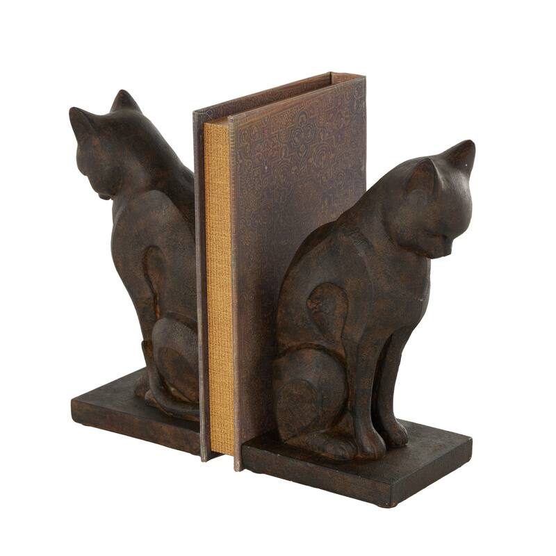 Resin Cat Frowning Bookends with Copper Accents - Set of 2 Dark Brown - Roche River Decor - 3"W x 5"L x 8"H