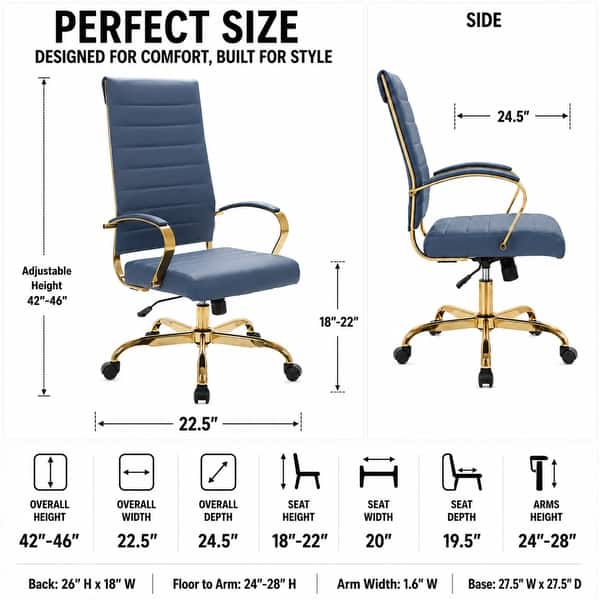 dimension image slide 7 of 8, Benmar Ribbed Leather Executive High Back Office Chair with Gold Frame, Swivel, Tilt, Lumbar Support