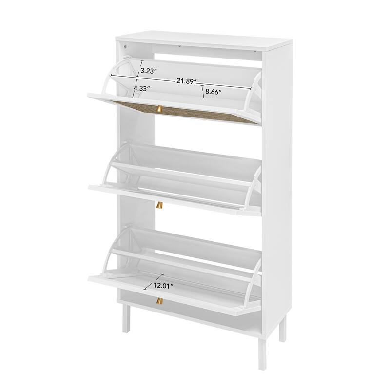 Shoe Storage Cabinet with 3 Flip Drawers, Freestanding 3-Tier Shoe Rack, Slim Shoe Organizer with Half Round Woven Rattan Doors
