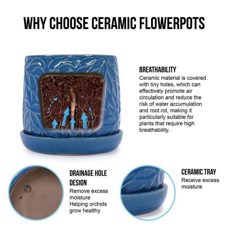 Set of 2 Handmade Modern Embossed Leaf Ceramic Planters with Saucers