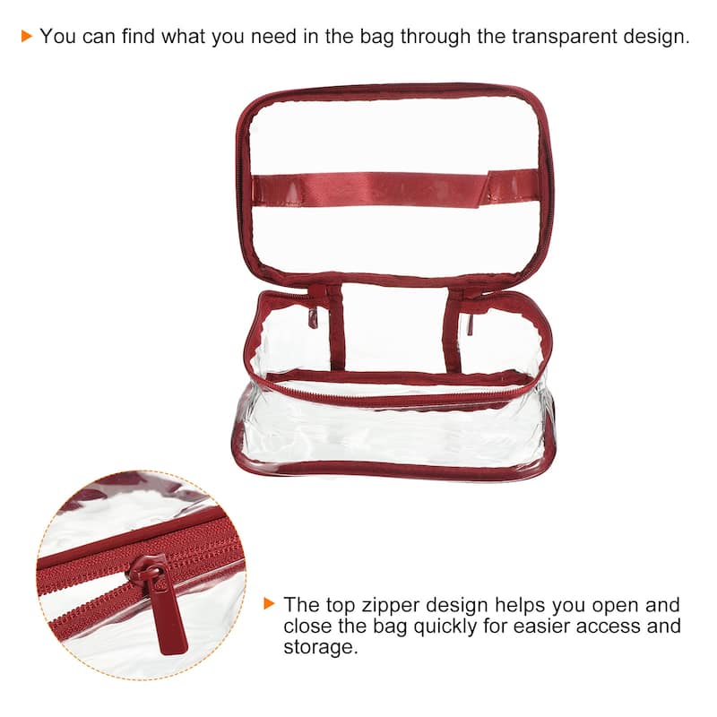 8.3"x5.9"x3.5" Clear PVC Toiletry Makeup Bag with Zipper Handle, Dark Red