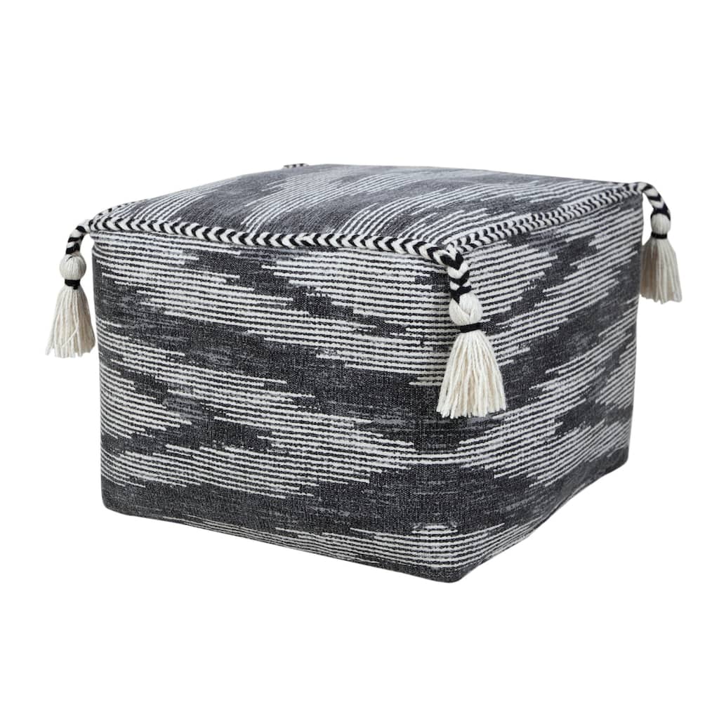 18 Inch Grey Pouf Ottoman with Striped Cotton Upholstery for Modern Spaces