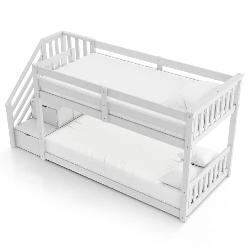 Furniture of America Chalina Modern Pinewood Twin over Twin Low Profile Bunk Bed with 3-Drawer Reversible Storage Staircase