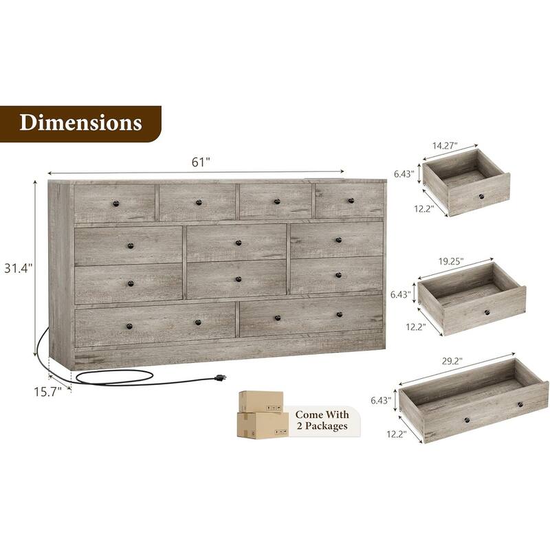 12 Drawer Dresser for Bedroom, 61 Inch Wood Dresser with Power Outlet