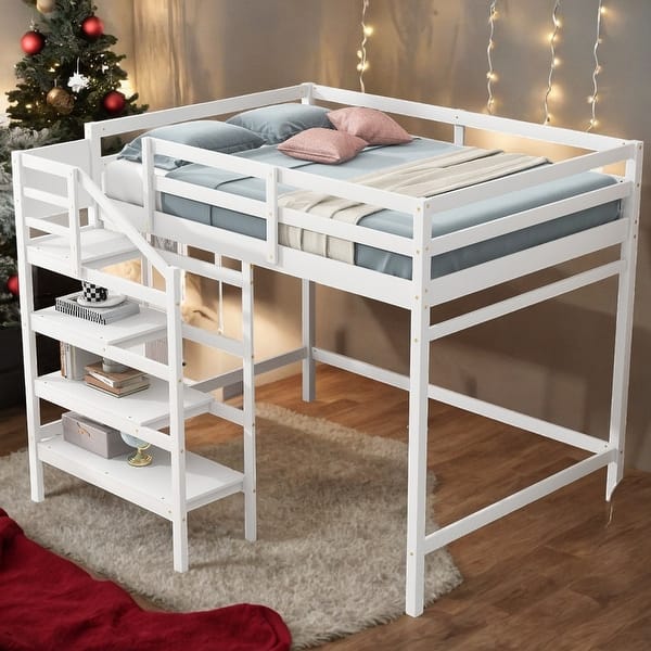 Full Size Solid Pine Wood Loft Bed Builtin Storage Staircase and