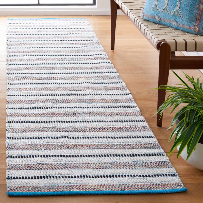 SAFAVIEH Handmade Montauk Meriel Stripe Rug - 2'3" x 9' Runner - Turquoise/Ivory
