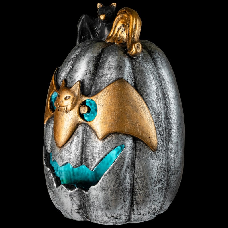 Lighted Metallic Jack-O-Lantern in Bat Mask Halloween Decoration - 14" - Multi LED