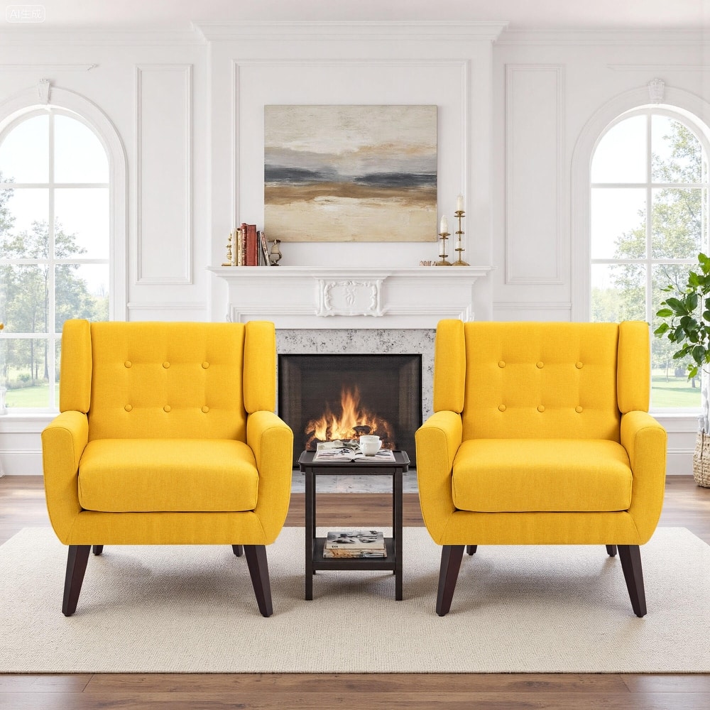 2 Set Modern Tufted Linen Upholstered Accent Chair Faux Leather Armchair