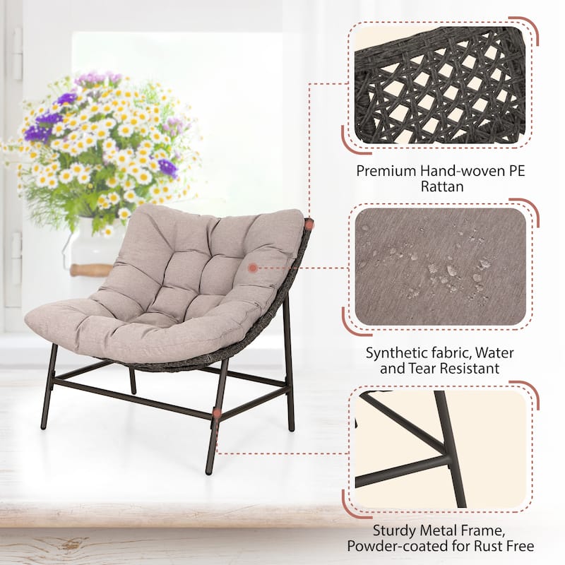 MAISON ARTS 2-Piece Outdoor Papasan Chairs, Oversized Rattan Lounge Scoop Chairs with Thick Padded Cushions and Steel Frame