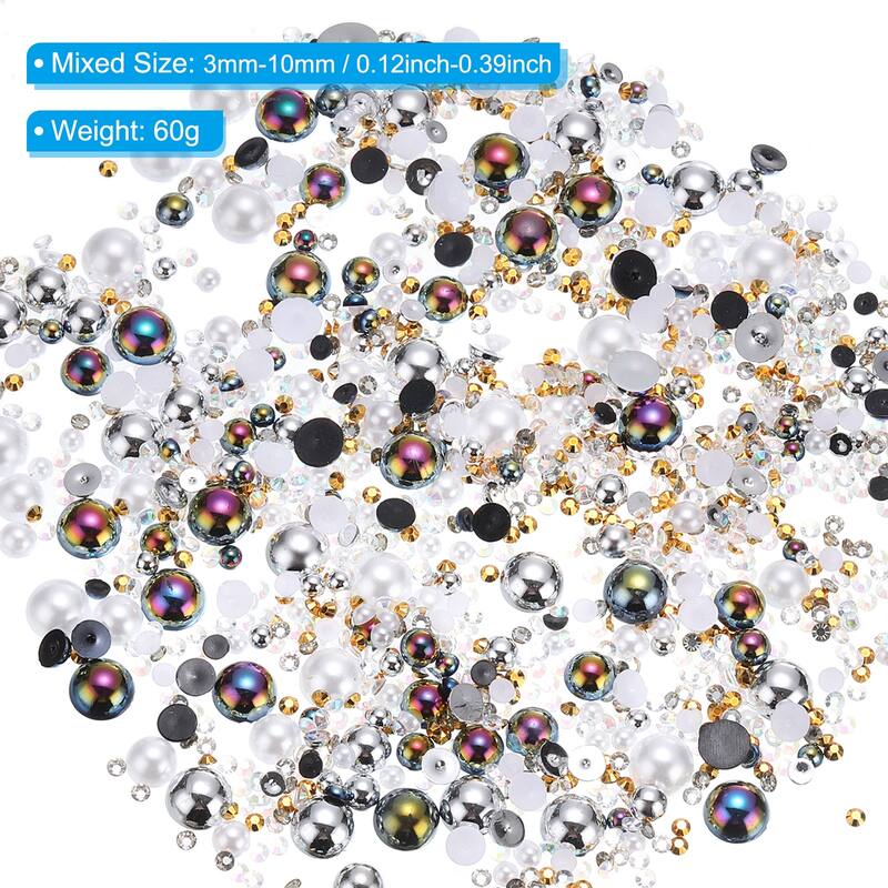 60g Flatback Pearls and Rhinestones 3mm-10mm for Crafts Decoration - Silver White Black