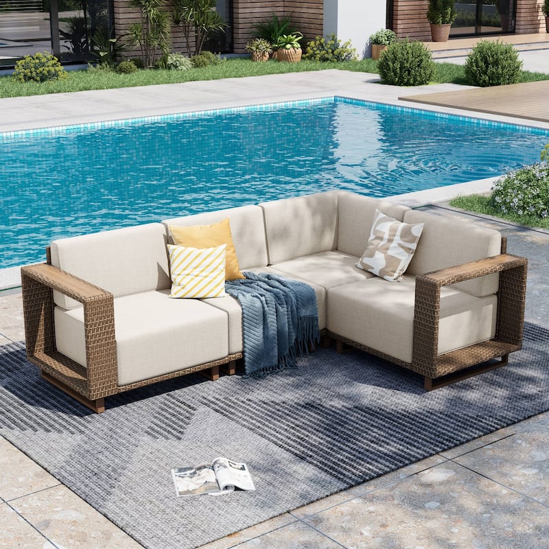 MAISON ARTS Modular Rattan Patio Sofa Set, All-Weather PE Wicker 4/6/8-Seat Outdoor Sectional with Thick Cushions - A.