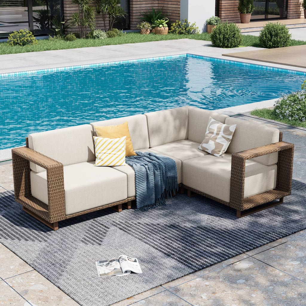 MAISON ARTS Modular Rattan Patio Sofa Set, All-Weather PE Wicker 4/6/8-Seat Outdoor Sectional with Thick Cushions