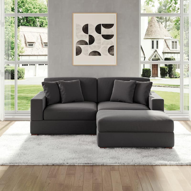 Modular Corduroy Sectional Sofa Set Chaise Couch with Ottoman - Grey-3 Piece