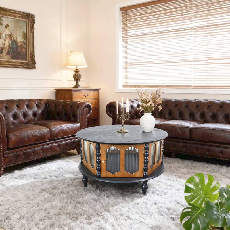 31.5" Round Real Wood Veneer Coffee Table, Three-Door Storage, Black + Walnut for Compact Areas