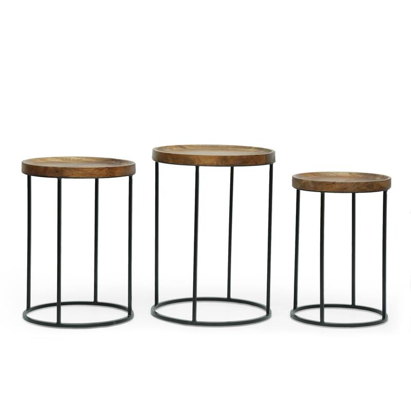 Roomfitters Industrial Nesting Side Tables, Solid Mango Wood Tops, Black Iron Base, Set of 3, Rustic and Modern Style - Natural+Black