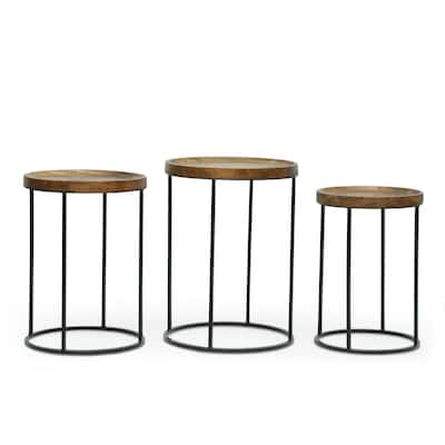 Roomfitters Industrial Nesting Side Tables, Solid Mango Wood Tops, Black Iron Base, Set of 3, Rustic and Modern Style