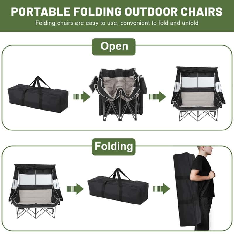 Double Folding Camping Loveseat with Canopy, Cooler, Cup Holders & Storage for Outdoor Activities