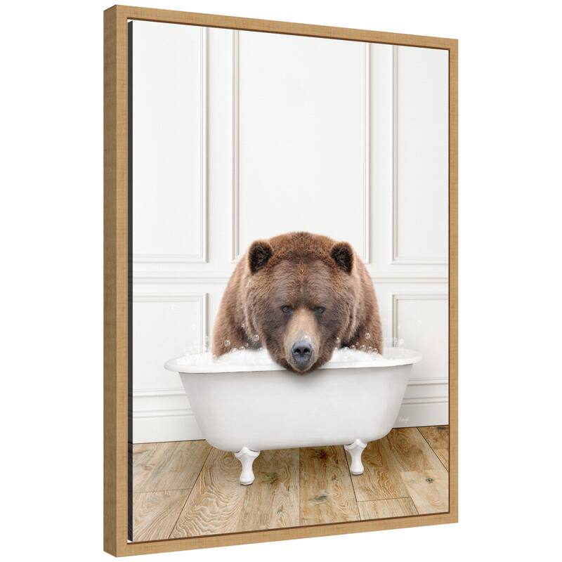 Kate and Laurel Sylvie Big Bear in Traditional Vintage Bathtub Framed Canvas by Amy Peterson - Natural